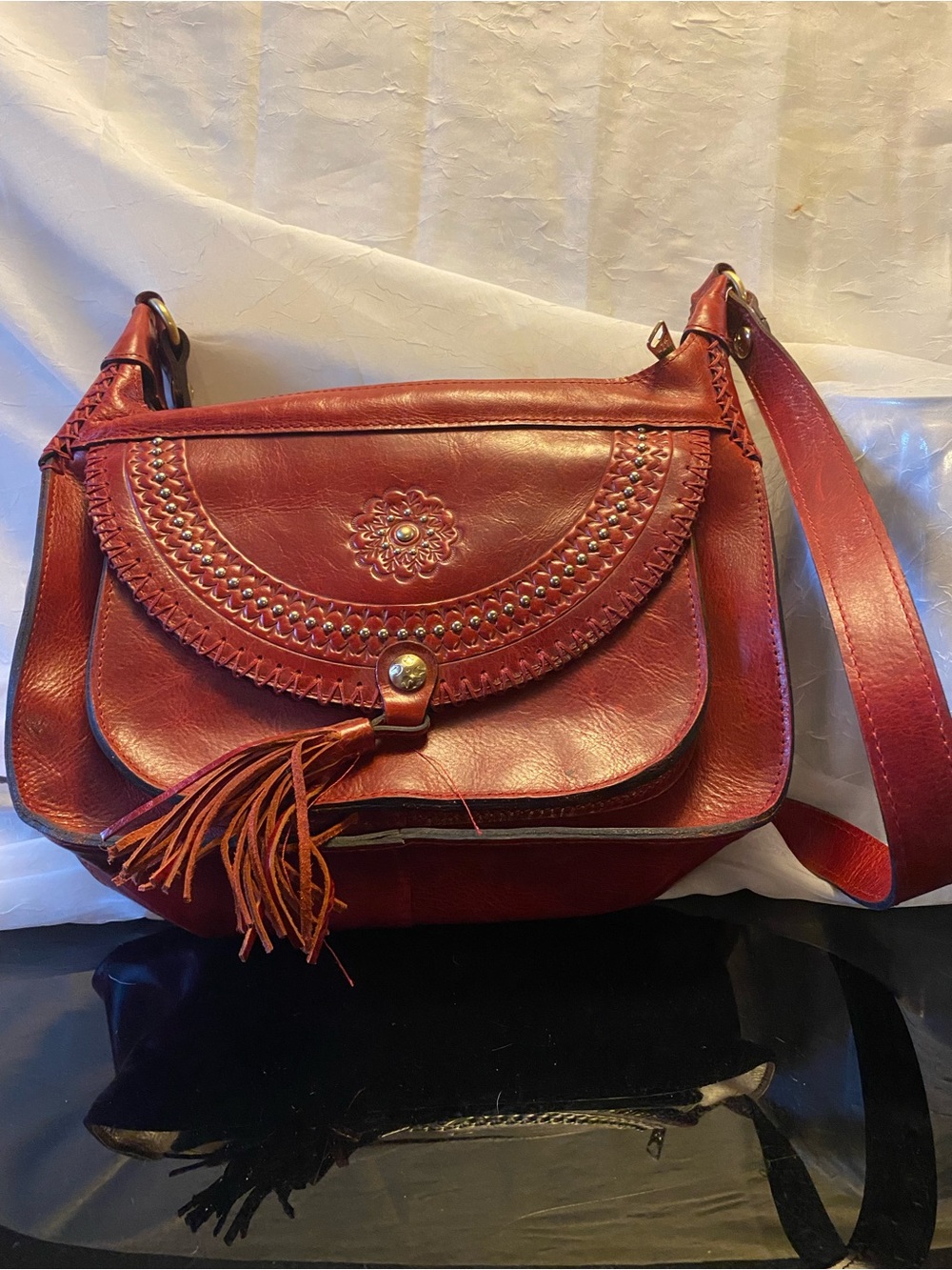 Patricia Nash Red Leather Tassel Embroidered Crossbody